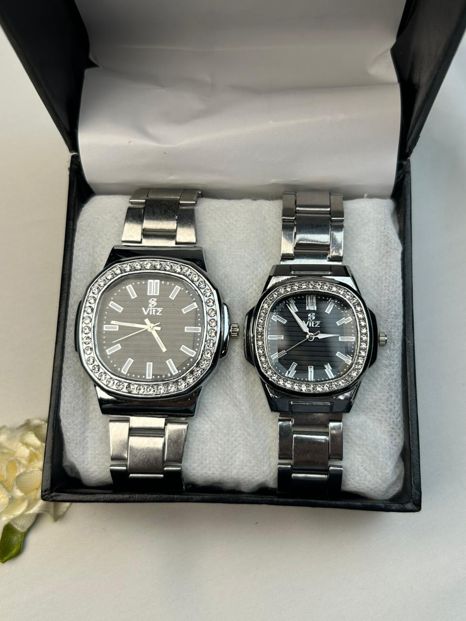 Classic Silver Crystal Couple Watch