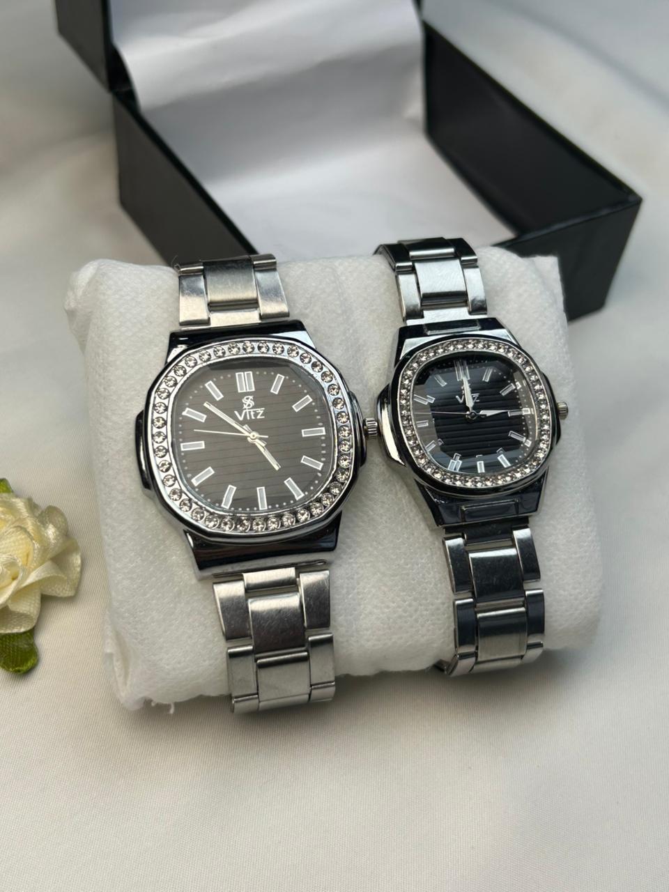 Classic Silver Crystal Couple Watch